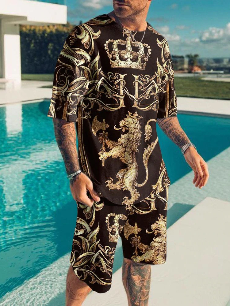 Men's Fashion Lion Printing with Gold Shorts Suit