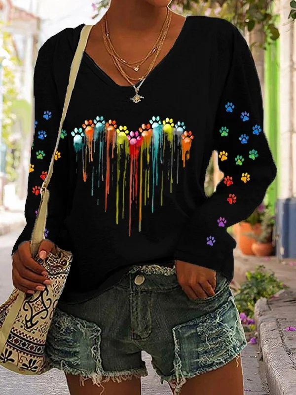 Comstylish Women's Colorful Heart Dog Paw Print TShirt