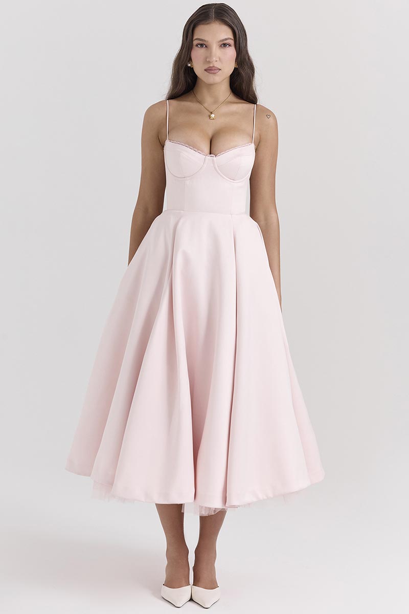 Elegant Cinch Waist Party Bridesmaid Tulle Layered Midi Slip DressesPink