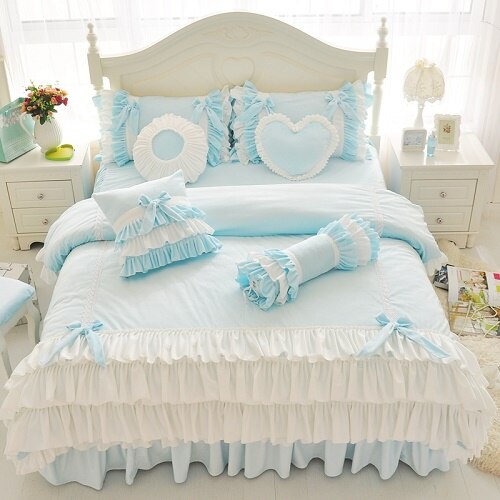 Pink Purple Blue Korean Princess Girl Fleece Fabric Bedding Set White
