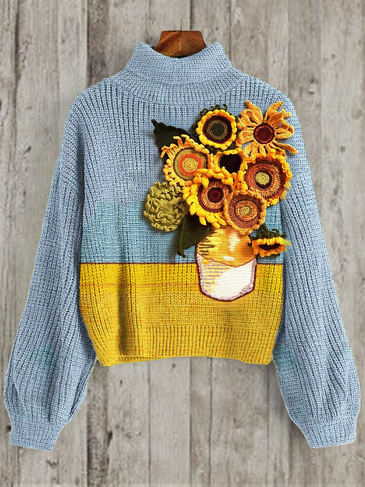 Comstylish Sunflowers Crochet Art Cozy Knit Turtleneck Sweater
