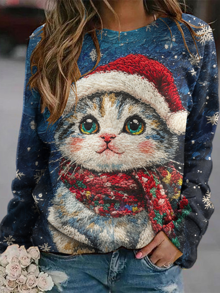 Comstylish Christmas Cat Print Round Neck Long Sleeve Casual Sweatshirt