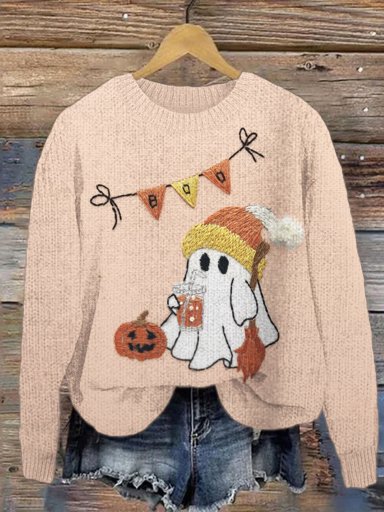 Comstylish Halloween Pumpkin Ghost Embroidered Women's Cozy Sweater