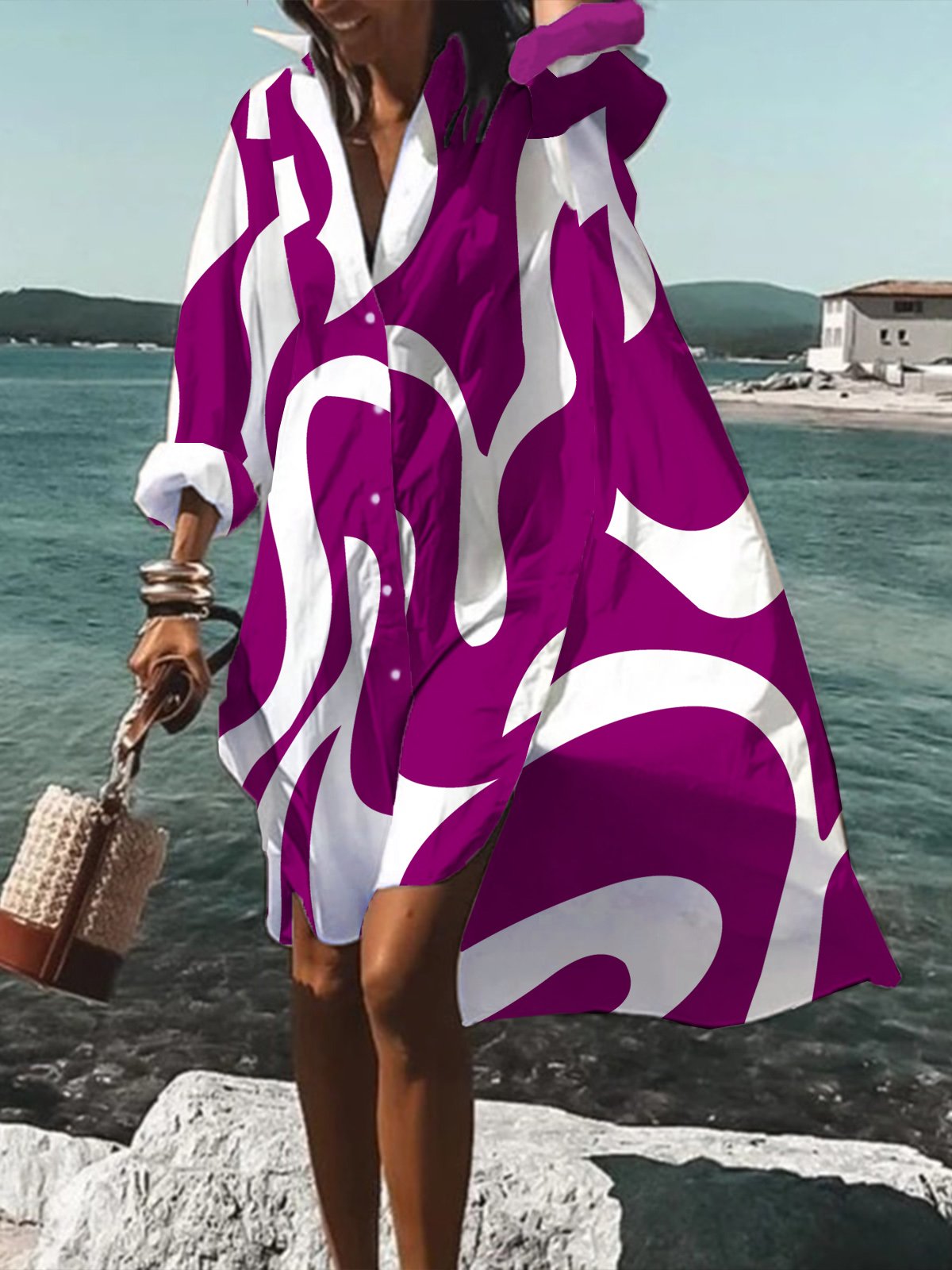 Long sleeve Shirt Collar Regular Fit Urban Chevron Dress