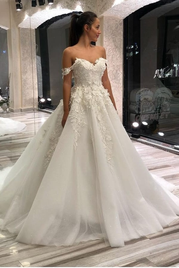 Wedding Dress ALine Sweetheart OfftheShoulder With Appliques Lace Tulle