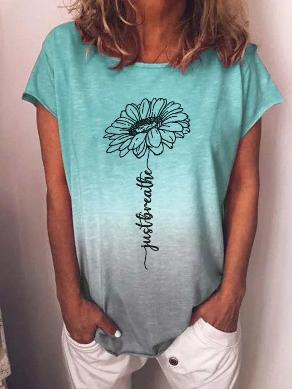 Women's Just Breathe Sunflower Print Gradient Tshirt