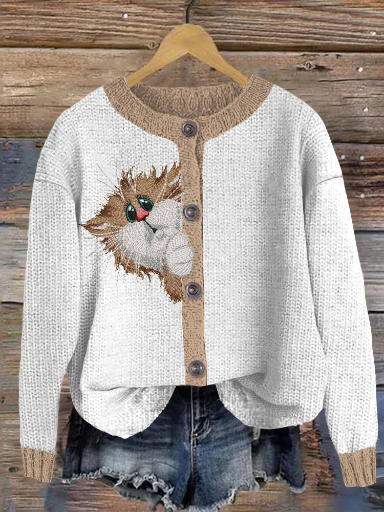 Comstylish Vintage Cute Cat Art Knitted Embroidery Pattern Sweater Cardigan
