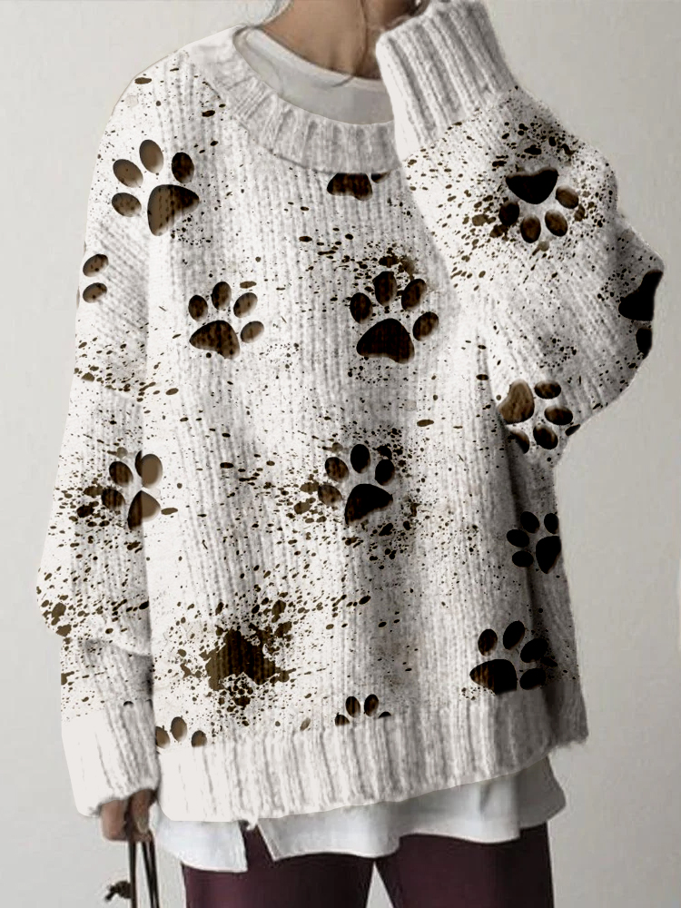 Comstylish Muddy Dog Paws Graphic Cozy Knit Sweater