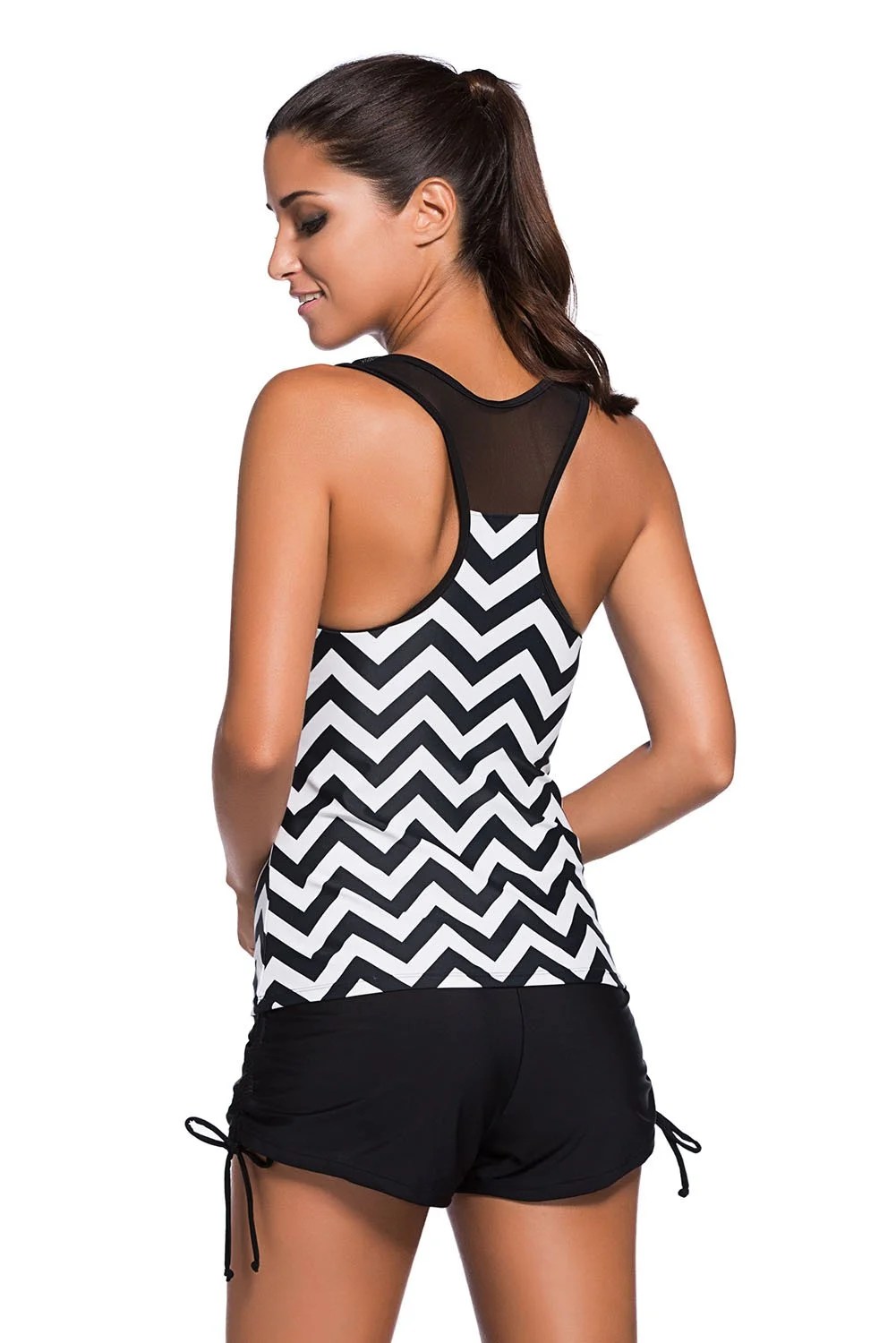 Women's Black White Zigzag Print Tankini with Boyshorts Round Neck Mesh