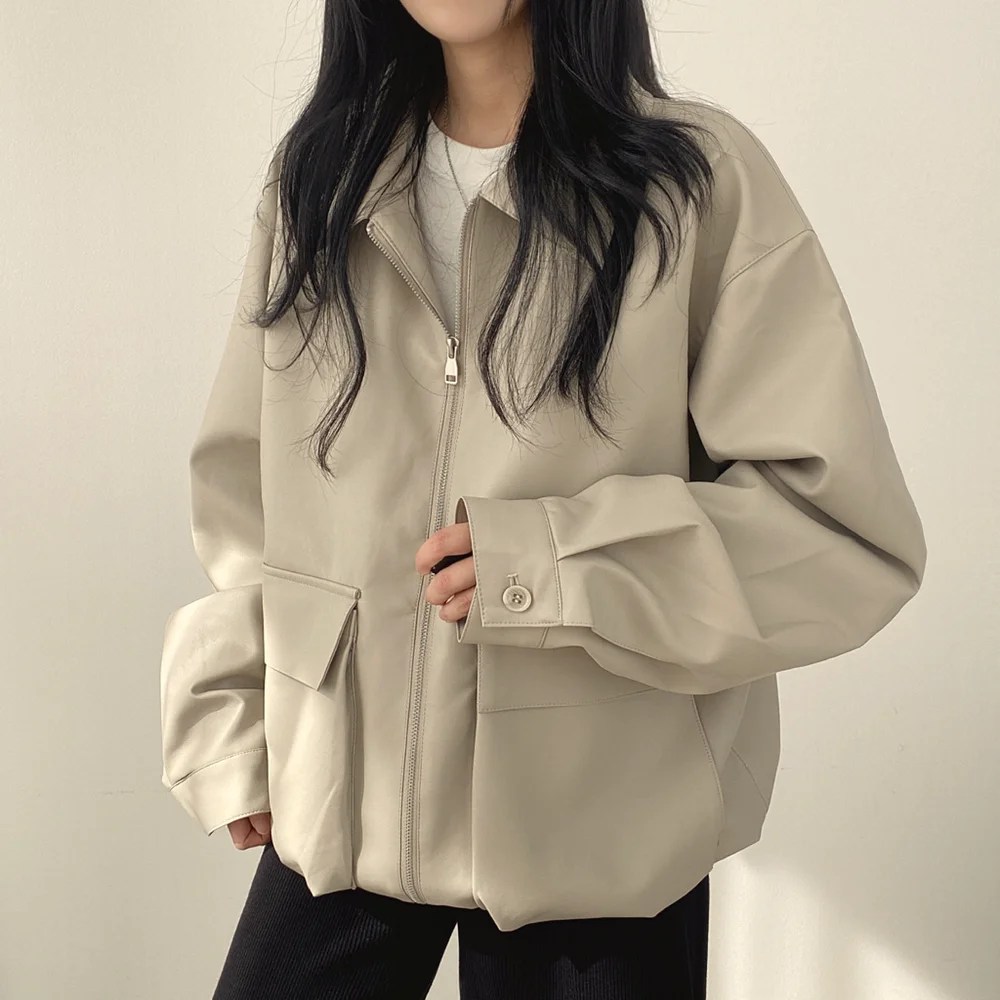 KOREAN LAPEL LARGE POCKET ZIPPER LEATHER JACKET