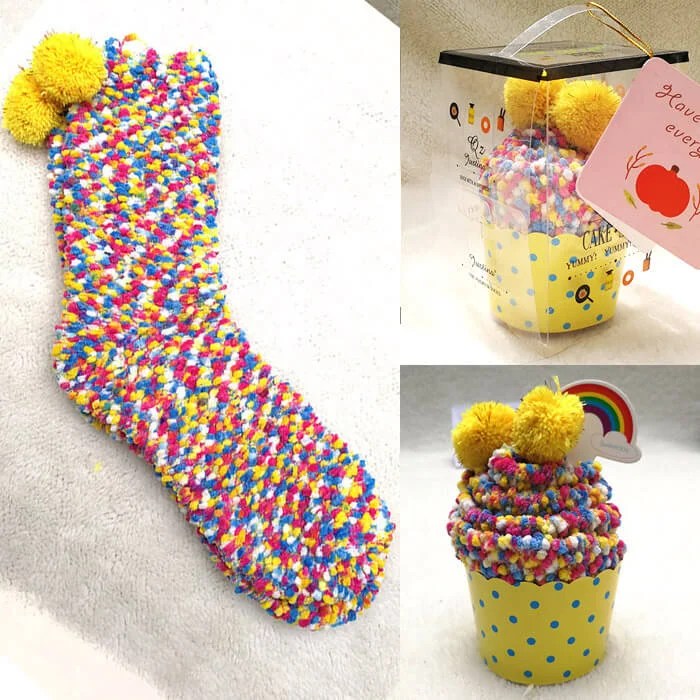 Cupcake Design Fuzzy Socks for Women Cute Fluffy Bed Socks