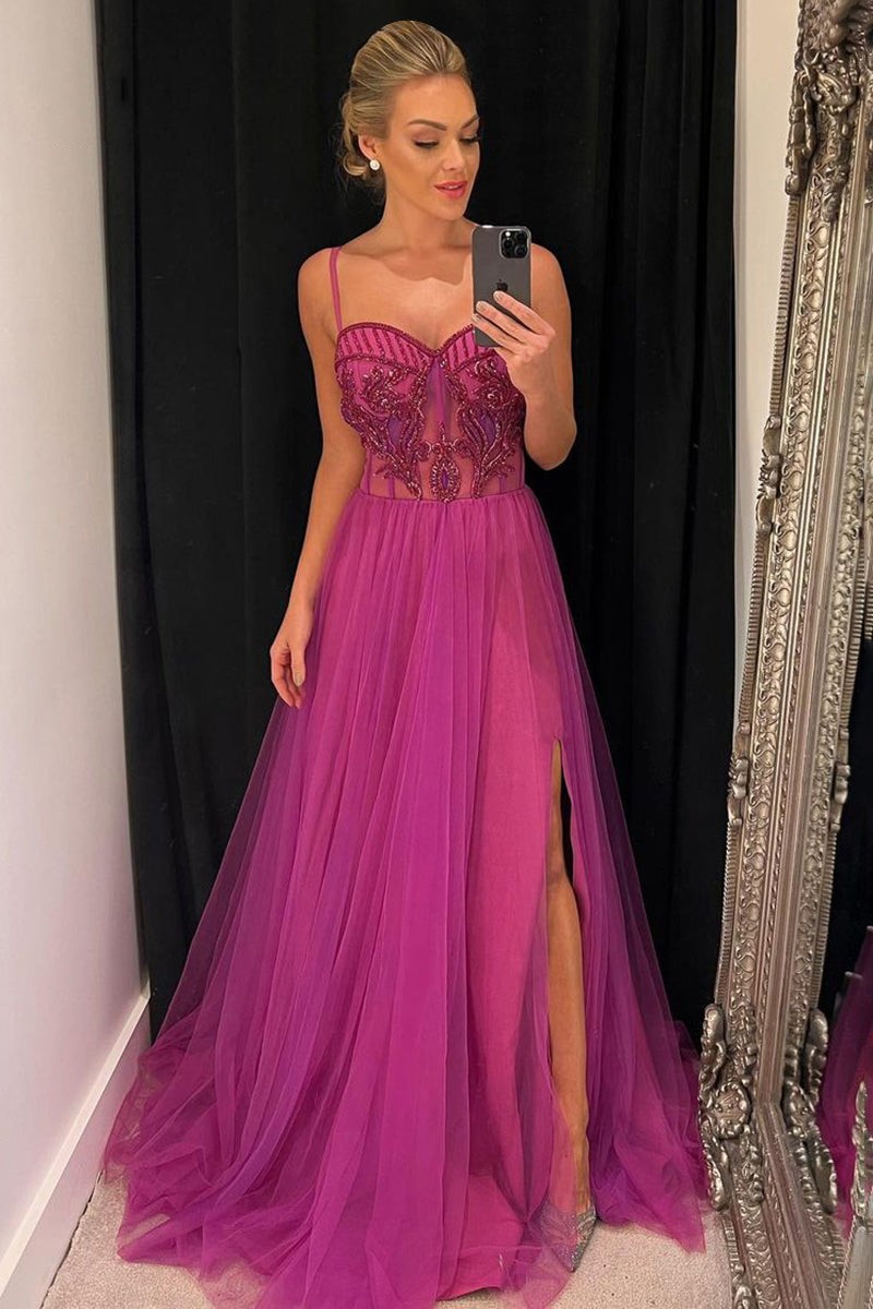 Bellasprom Hot Pink Tulle Prom Dress SpaghettiStraps With Bead