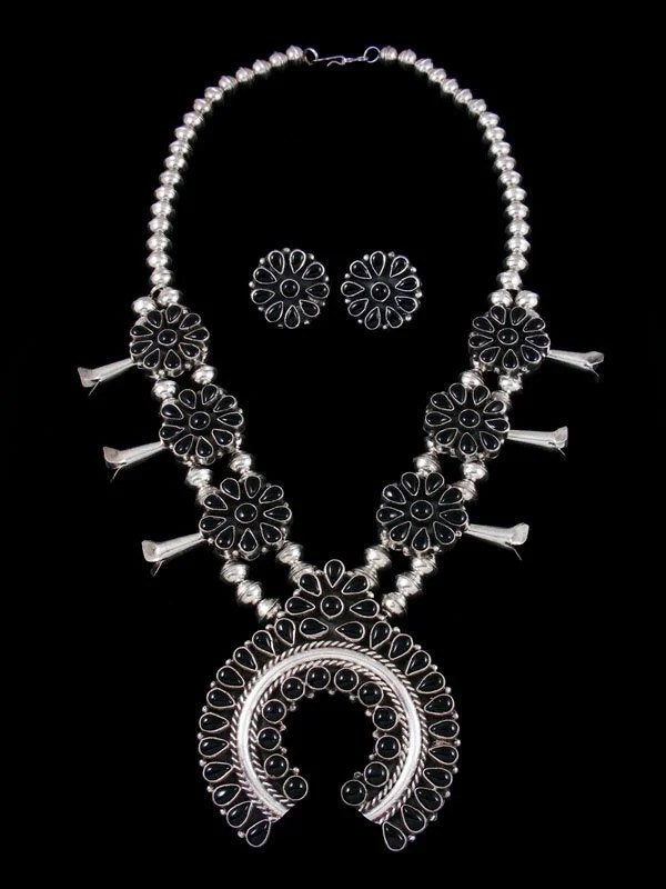 Native American Black Onyx Squash Blossom Necklace and Earrings Set