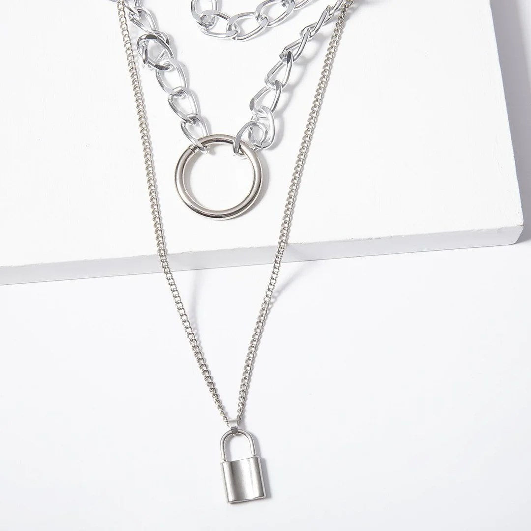 PU BELT CHAIN LOCK LAYERED NECKLACE