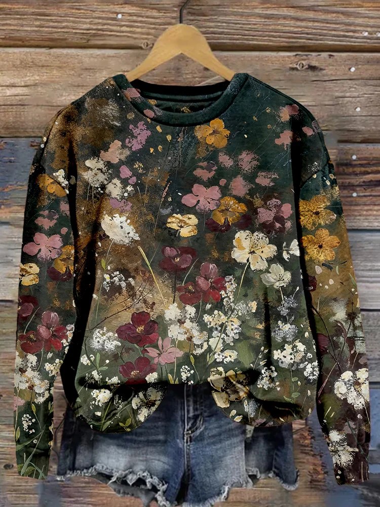 Comstylish Vintage Fall Floral Art Painting Comfy Sweatshirt