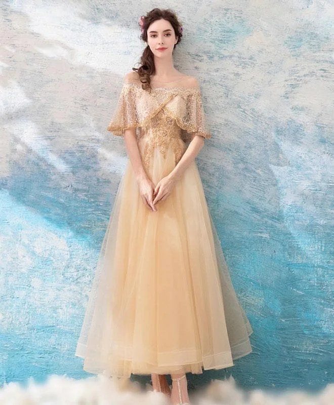 Unique Champagne Tulle Lace Tea Length Prom Dress, Champagne Tulle