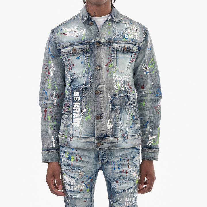 Copper Rivet Paint Splatter Denim Jacket (Light Sand Blue)
