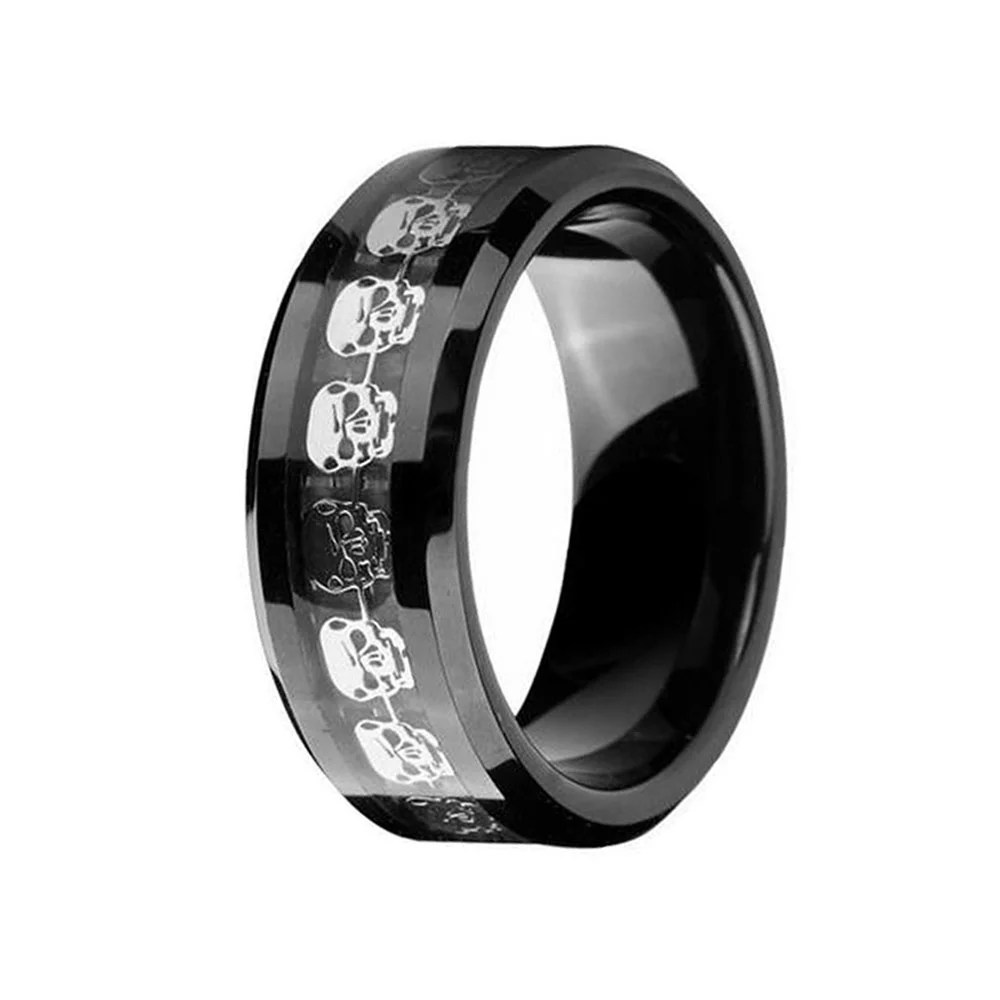 8mm Black Tungsten Carbide Mens Wedding Band Silver Skull Skeleton