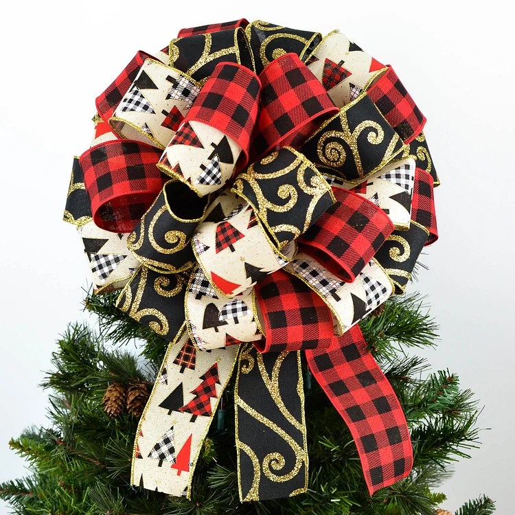 Red Black Gold Ivory Christmas Tree Bow Topper Buffalo Plaid Tree Bow