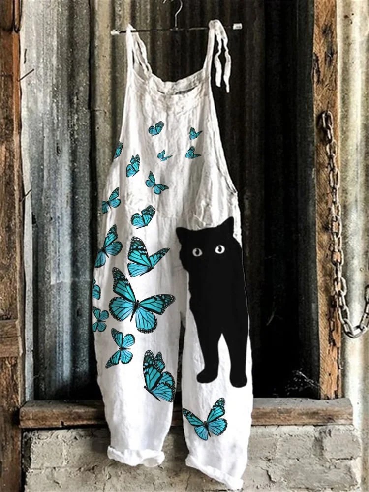 Peeking Black Cat & Butterflies Loose Fit Jumpsuit