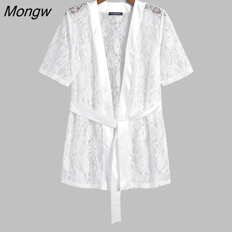 Mongw Men Mesh Robes Lace See Through Short Sleeve Lace 2023 Sexy