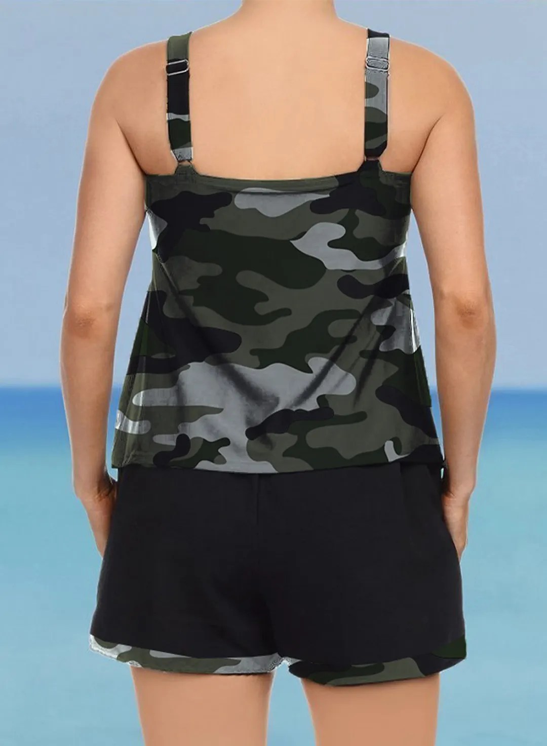 Women's Plus Size Camouflage Tankini with Shorts U Neck Ruched Padded