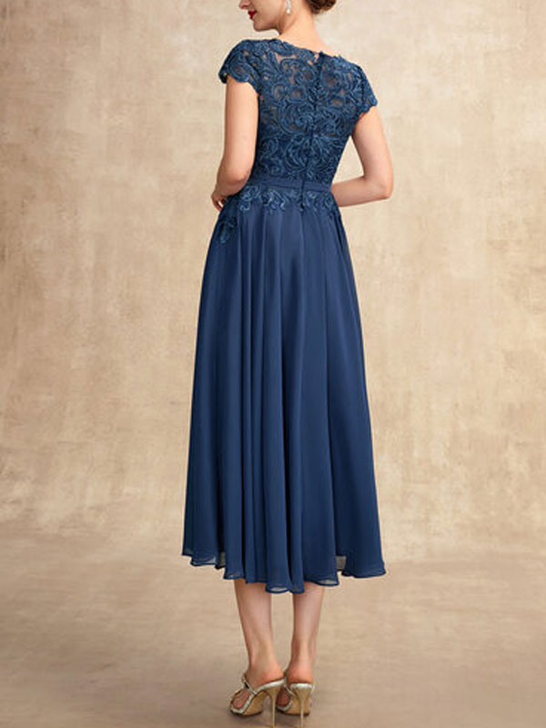 ALine Scoop Neck TeaLength Chiffon Lace Mother of the Bride Dress
