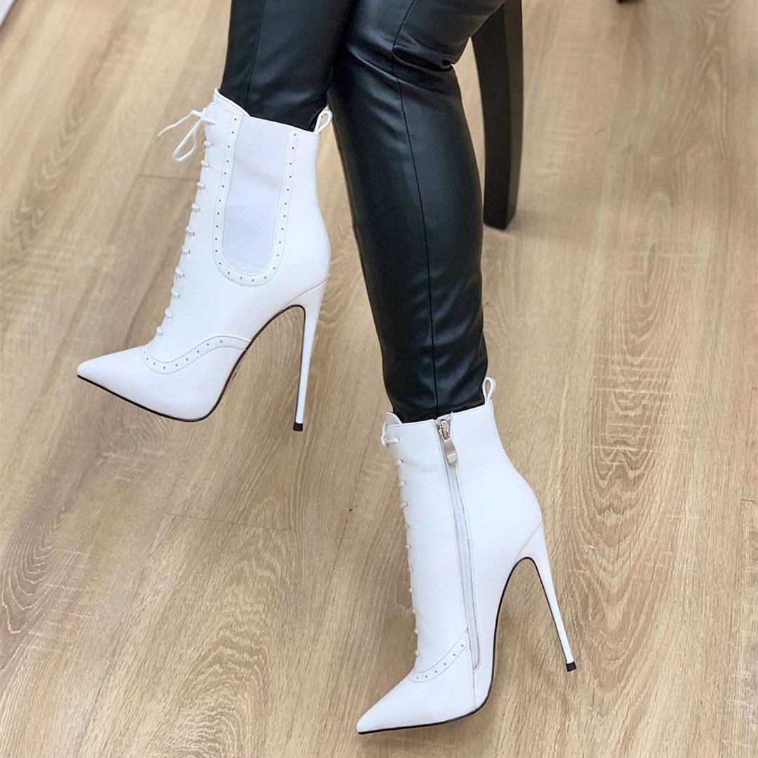 White Lace Up Boots Stiletto Heel Pointy Toe Ankle BootsFSJshoes