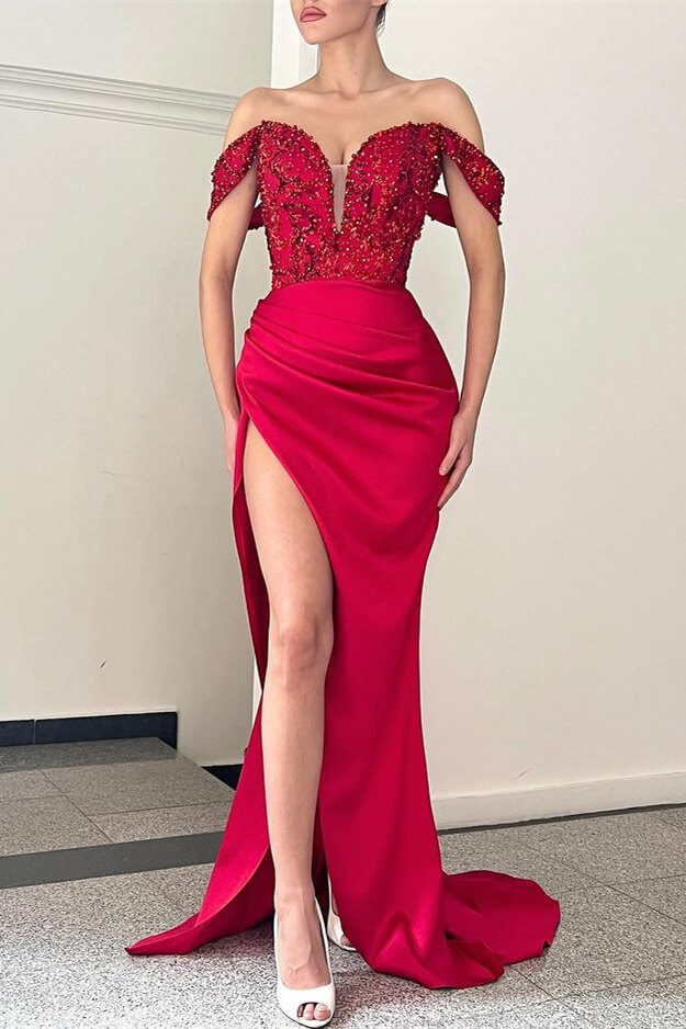 Luluslly OfftheShoulder Red Evening Dress Mermaid Slit With Beads