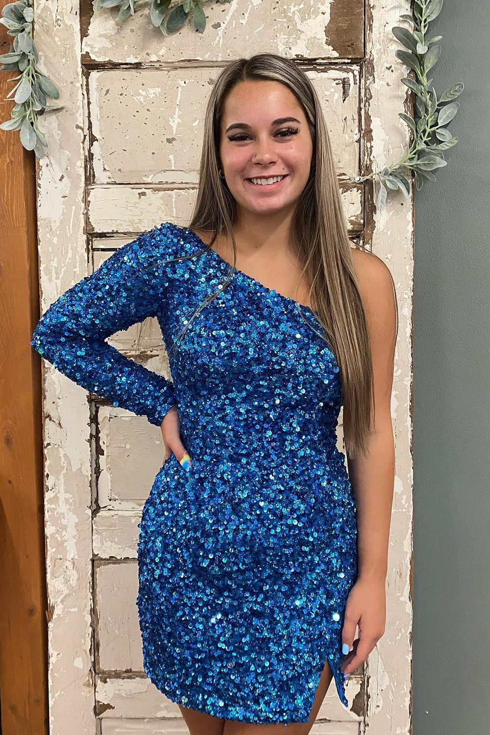 Hellymoon Women Short Dress Royal Blue Sequins One Shoulder