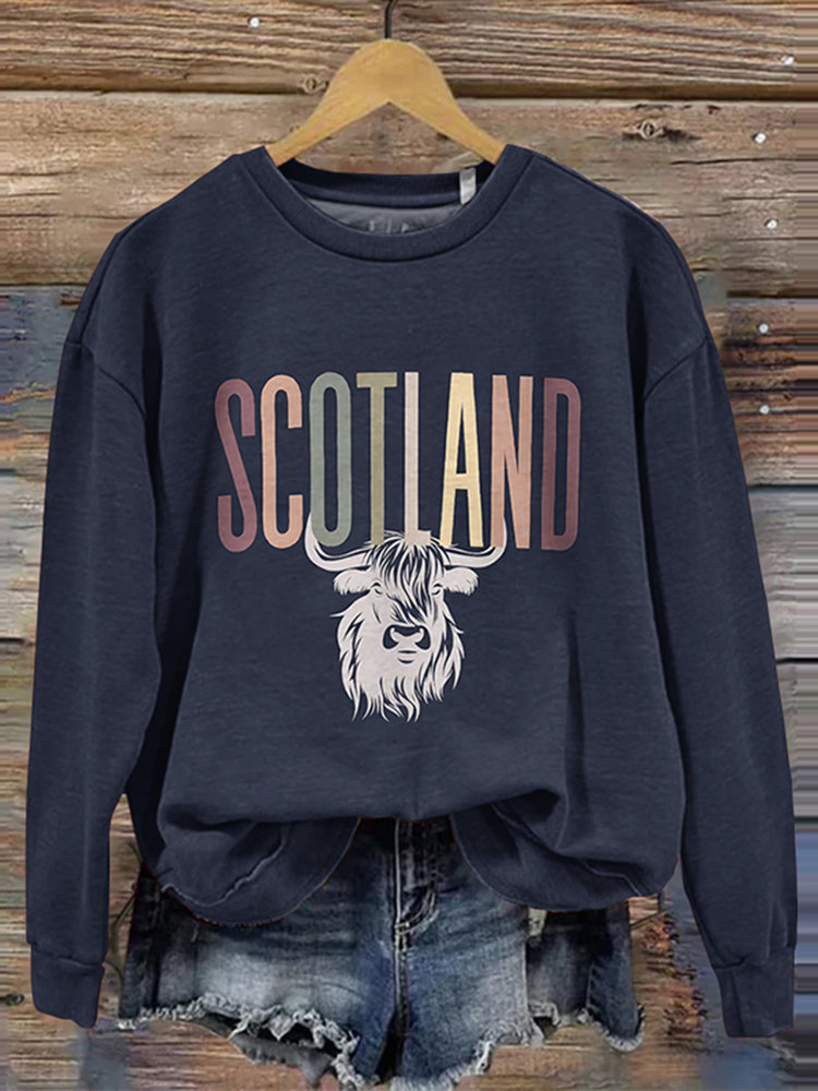 Comstylish Scotland Highland Cow Print Crew Neck Sweatshirt