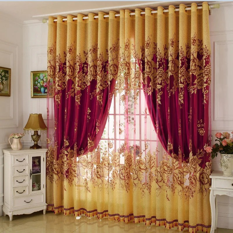 Classical Burgundy Blackout Curtains Gilding Carving Sheer and Solid