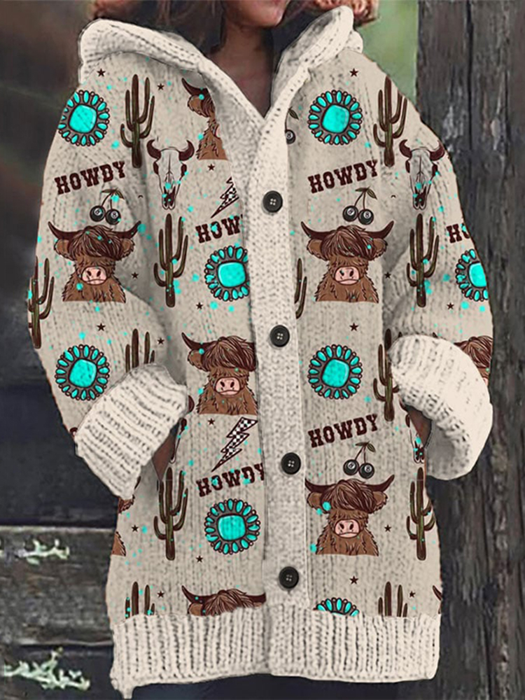 Comstylish Women's Retro Western Highland Cow Print Hooded Cardigan