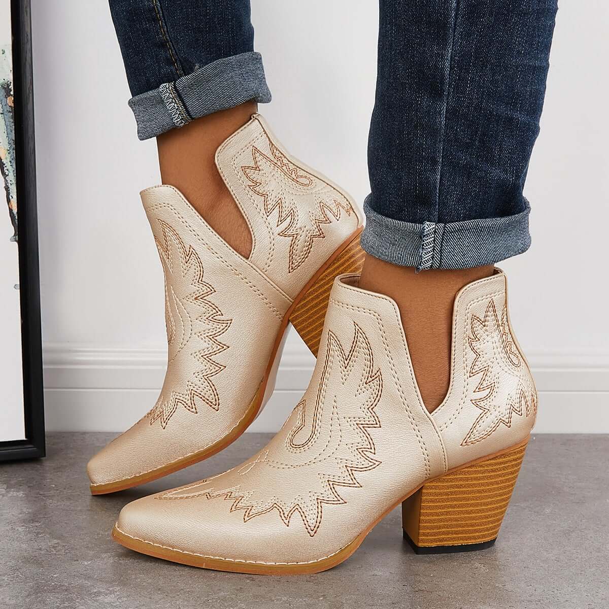 Western Ankle Cowgirl Boots Slip on Cutout Chunky Heel Booties