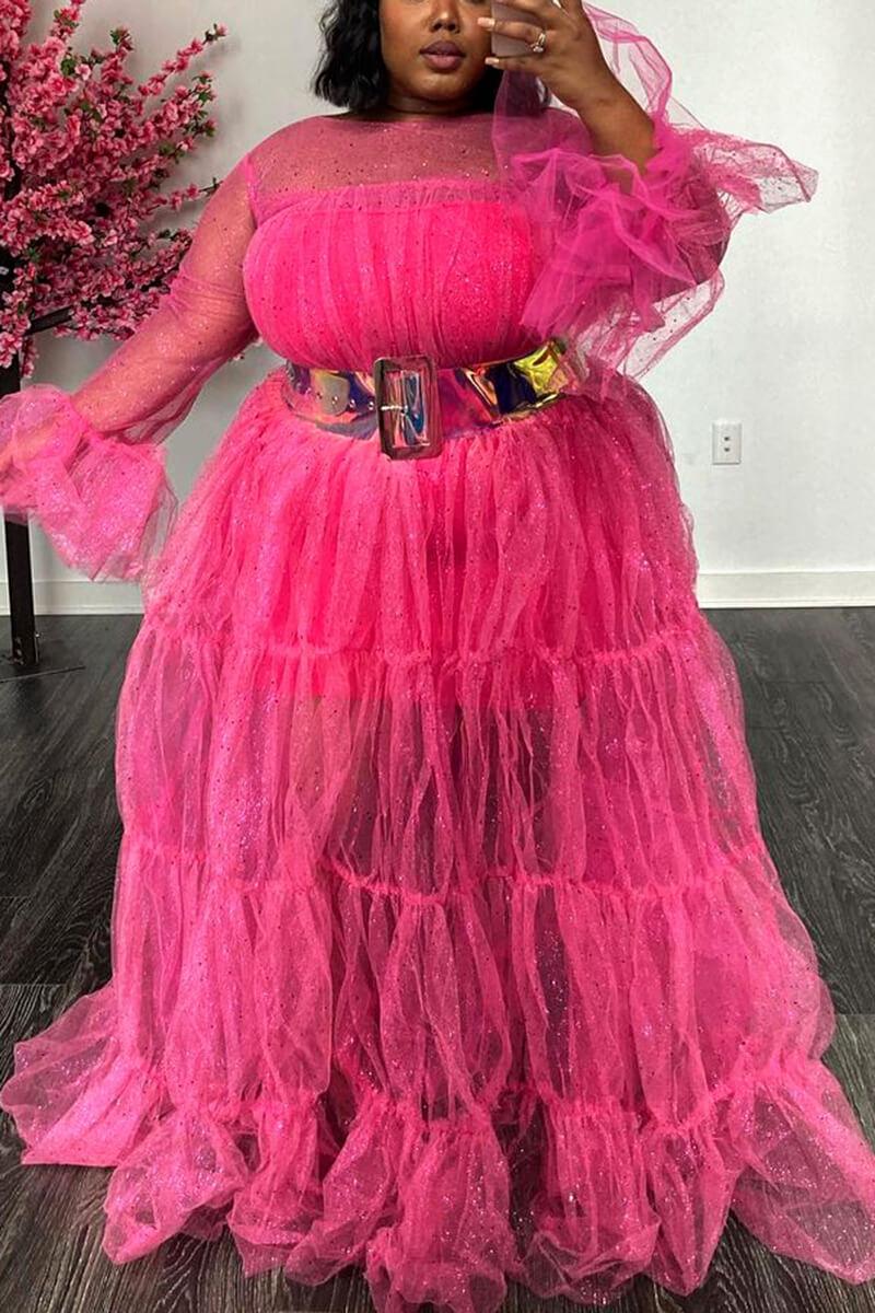 Xpluswear Plus Size Formal Barbie Pink Sheer Ruffle Sleeve Maxi Dresses