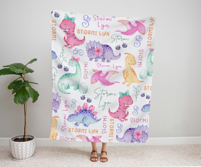Personalized Dinosaur Blanket, Girl Dinosaur Baby Blanket, Baby Name