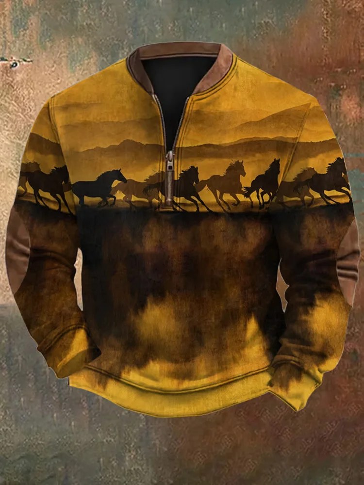 Comstylish Men's Vintage Western Zip Collar Sweatshirt