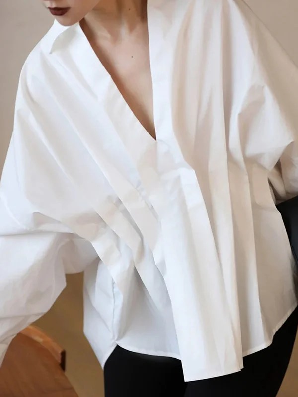 Original Creation Long Sleeves Loose Pleated Solid Color Lapel Collar