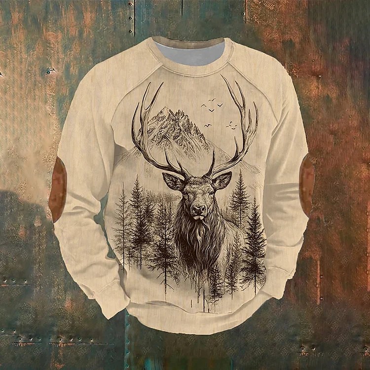 Comstylish Men's Western Elk Print Crew Neck Raglan Sweatshirt
