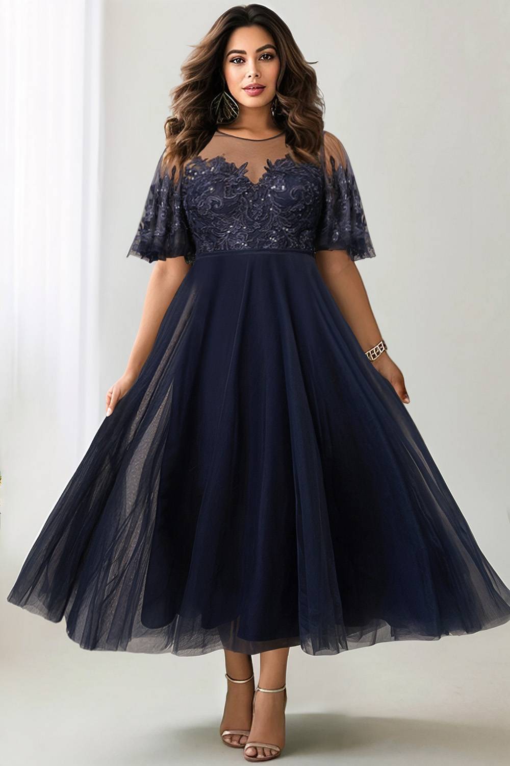 Flycurvy Plus Size Christmas Navy Blue Mesh Sequined Lace Flutter