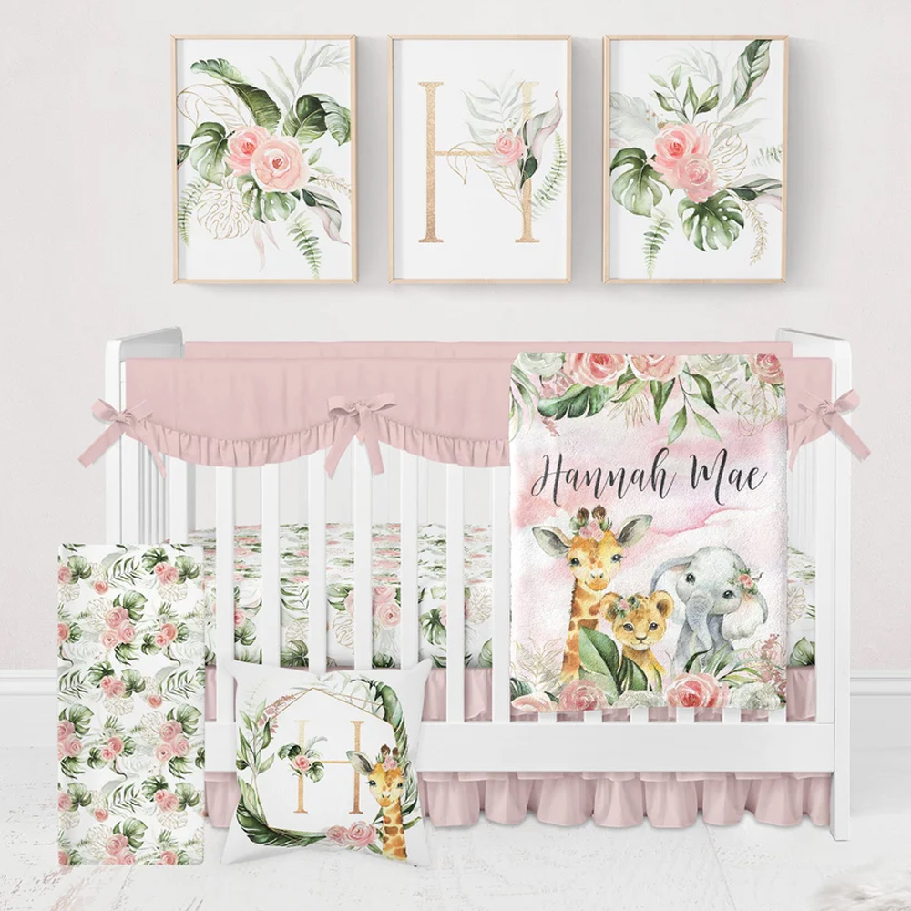 Safari Crib Bedding Set, Baby Girl Crib Bedding, Pink Floral Safari