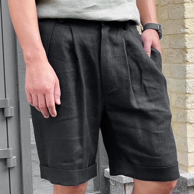 Men's Pleated Linen Black Shorts