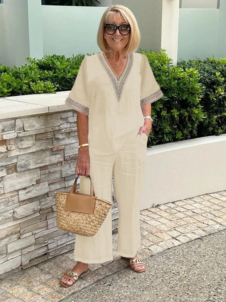 Plus Size Loose Cotton and Linen Lace Stitching TwoPiece Set