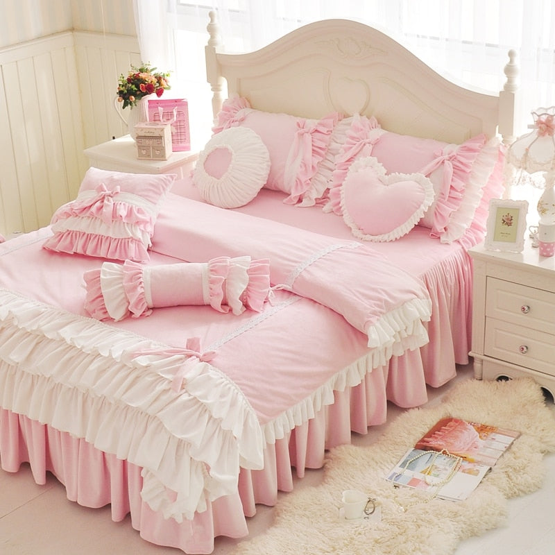 Pink Purple Blue Korean Princess Girl Fleece Fabric Bedding Set White