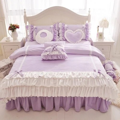 Pink Purple Blue Korean Princess Girl Fleece Fabric Bedding Set White