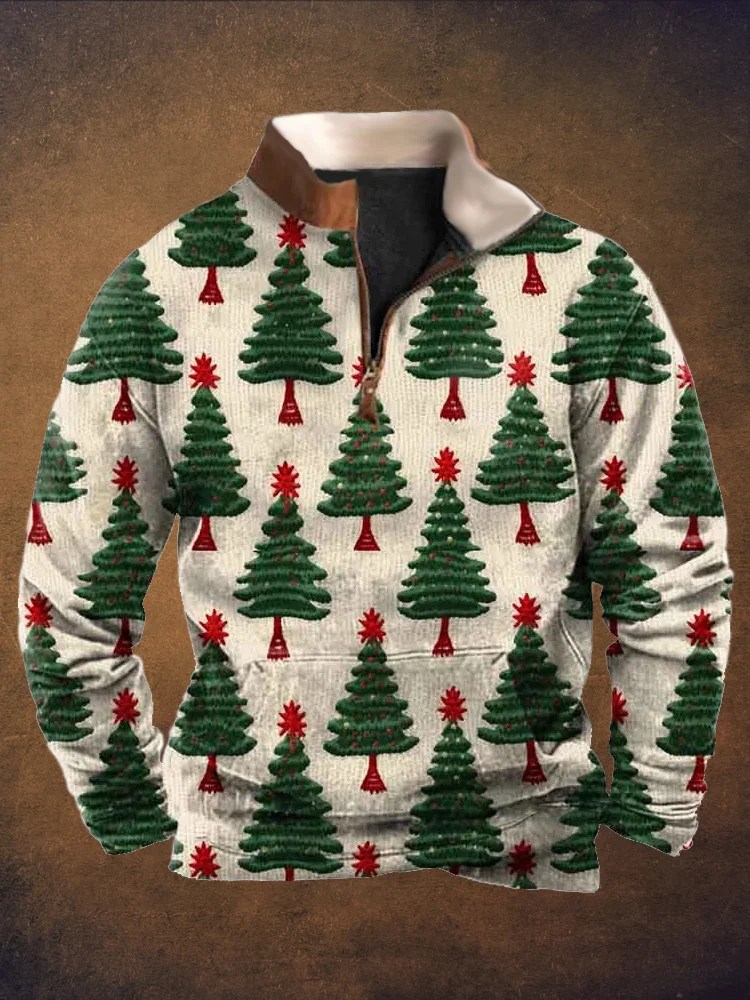 Comstylish Christmas Tree Print Men's Zip Stand Collar Sweatshirt
