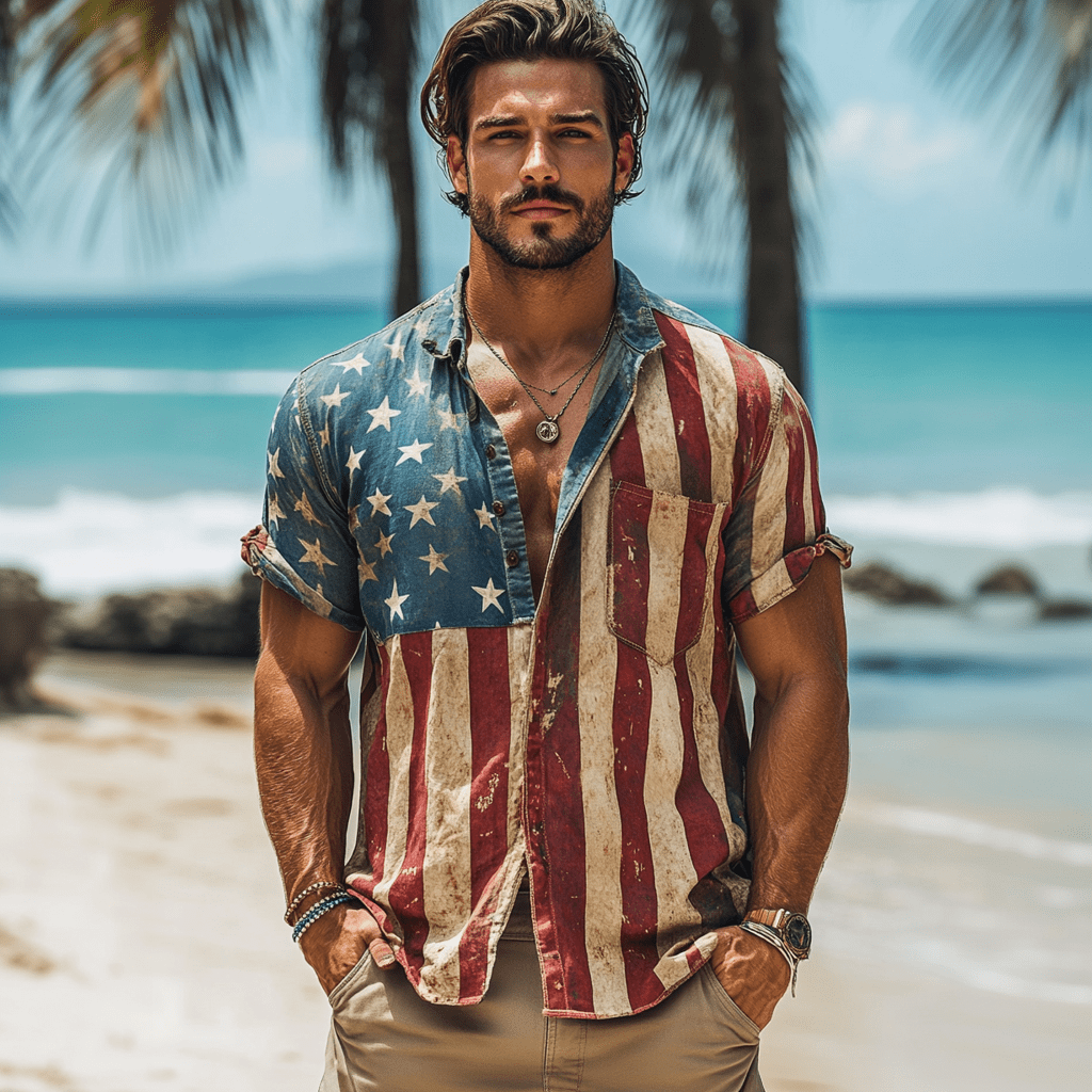 Comstylish Men's Vintage Independence Day Flag Print Pocket Shirt