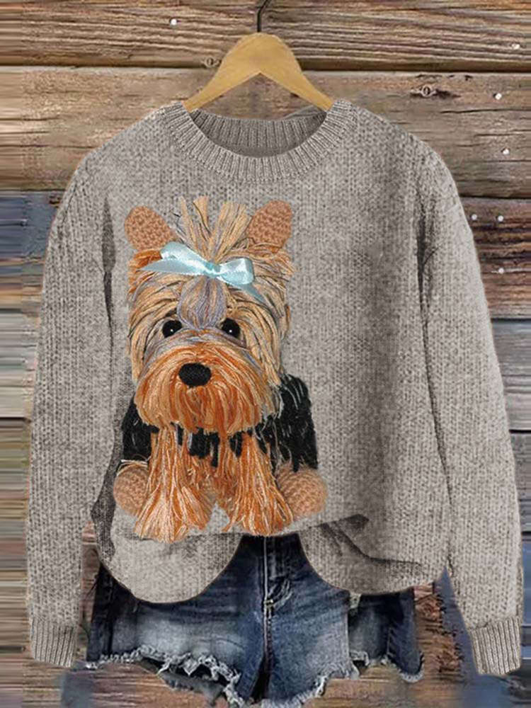Cute Schnauzer Round Neck Casual Cozy Sweater