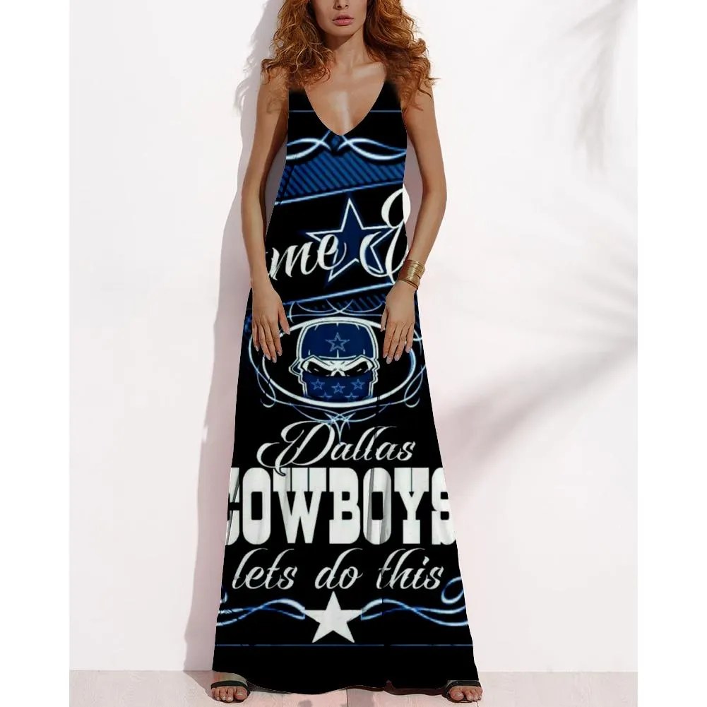 Women's Summer DALLAS COWBOYS Fan Print Vneck Sleeveless Loose Long A