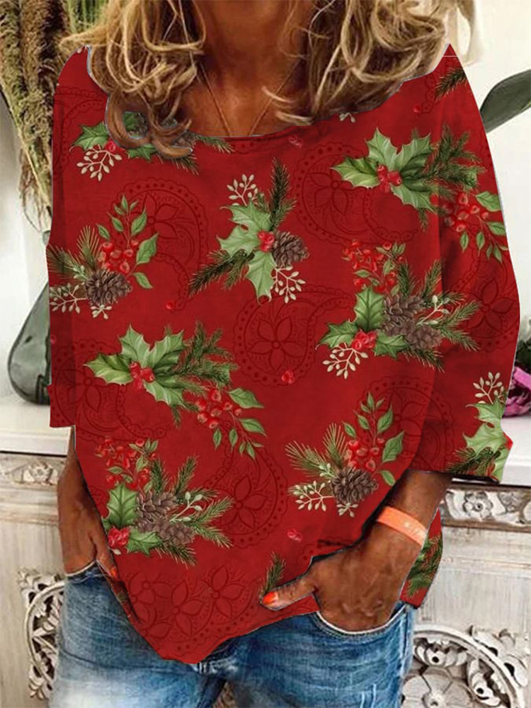 Comstylish Women's Christmas Floral Crew Neck Sweatshirt